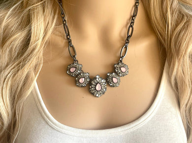 Rhinestone Statement pendant Necklace with major BLING, gunmetal pink chunky necklace, statement jewelry, gemstone necklace, faux diamond