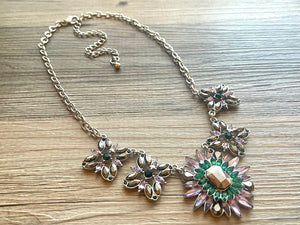 Crystal Statement Necklace, Rhinestone chunky necklace, Flower Pendant Jewelry lavender emerald purple vintage chunky bridesmaid green