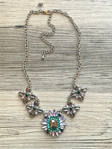 Crystal Statement Necklace, Rhinestone chunky necklace, Flower Pendant Jewelry lavender emerald purple vintage chunky bridesmaid green