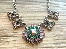 Load image into Gallery viewer, Crystal Statement Necklace, Rhinestone chunky necklace, Flower Pendant Jewelry lavender emerald purple vintage chunky bridesmaid green