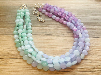 Blue Lavender Mint Beaded Statement Necklace, beaded jewelry, jewel tone necklace, light earrings necklace, chunky bib 5 strand purple