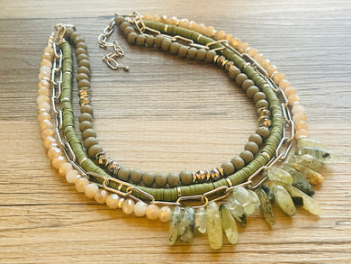 Olive Quartz statement necklace, chunky bib beaded jewelry 4 strand neutral necklace, green wood multi strand wood, Traveler Collection