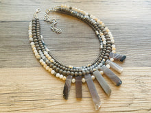 Load image into Gallery viewer, Gray Quartz statement necklace, chunky bib beaded jewelry 4 strand neutral necklace, gray wood multi strand wood, Traveler Collection