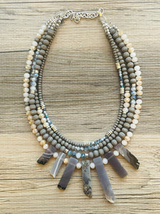 Gray Quartz statement necklace, chunky bib beaded jewelry 4 strand neutral necklace, gray wood multi strand wood, Traveler Collection