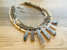 Load image into Gallery viewer, Gray Quartz statement necklace, chunky bib beaded jewelry 4 strand neutral necklace, gray wood multi strand wood, Traveler Collection