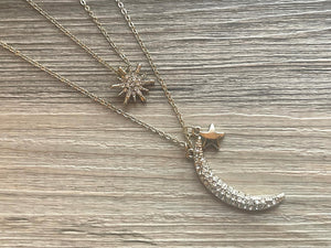 Vintage Silver Celestial Beaded long necklace, shiny beaded statement necklace, moon stars everyday metal chunky layering necklace