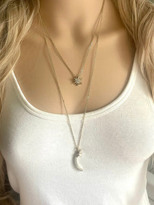 Vintage Silver Celestial Beaded long necklace, shiny beaded statement necklace, moon stars everyday metal chunky layering necklace