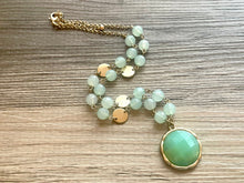 Load image into Gallery viewer, Vintage gold &amp; green gemstone Beaded long necklace, shiny beaded statement necklace, everyday metal chunky layering necklace acetate stones