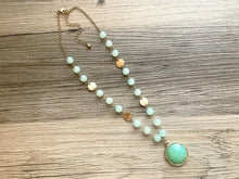 Load image into Gallery viewer, Vintage gold &amp; green gemstone Beaded long necklace, shiny beaded statement necklace, everyday metal chunky layering necklace acetate stones