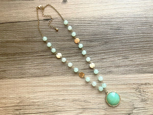 Vintage gold & green gemstone Beaded long necklace, shiny beaded statement necklace, everyday metal chunky layering necklace acetate stones