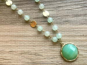 Vintage gold & green gemstone Beaded long necklace, shiny beaded statement necklace, everyday metal chunky layering necklace acetate stones