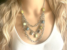 Load image into Gallery viewer, Vintage silver gemstone Beaded long necklace, shiny beaded statement necklace, everyday metal chunky layering yellow blue green