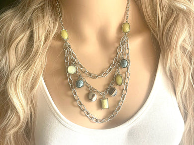 Vintage silver gemstone Beaded long necklace, shiny beaded statement necklace, everyday metal chunky layering yellow blue green