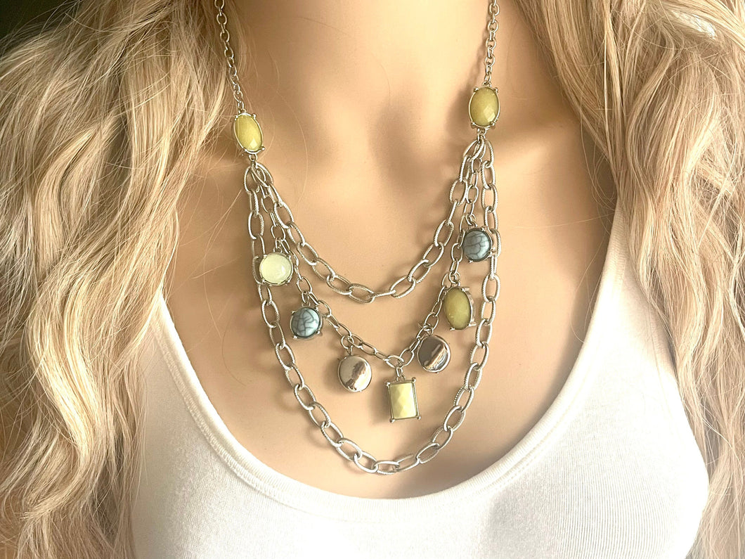 Vintage silver gemstone Beaded long necklace, shiny beaded statement necklace, everyday metal chunky layering yellow blue green