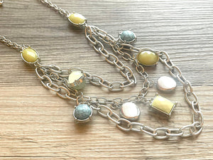 Vintage silver gemstone Beaded long necklace, shiny beaded statement necklace, everyday metal chunky layering yellow blue green