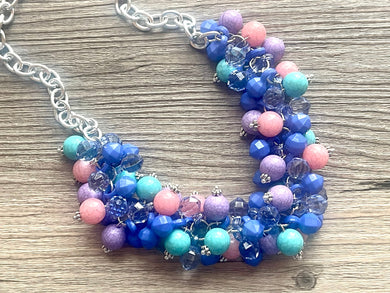 Jewel Water Ombré Turquoise & Royal Cluster Necklace, Pink turquoise purple Bridesmaid Jewelry periwinkle dressy beaded statement bib