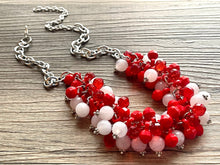 Load image into Gallery viewer, Red &amp; White Cluster Necklace, Gameday Bridesmaid Jewelry dressy beaded statement bib, silver statement football basketball