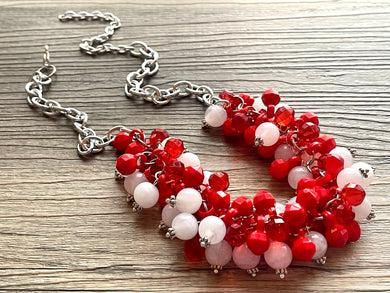 Red & White Cluster Necklace, Gameday Bridesmaid Jewelry dressy beaded statement bib, silver statement football basketball