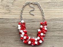 Load image into Gallery viewer, Red &amp; White Cluster Necklace, Gameday Bridesmaid Jewelry dressy beaded statement bib, silver statement football basketball