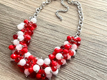 Load image into Gallery viewer, Red &amp; White Cluster Necklace, Gameday Bridesmaid Jewelry dressy beaded statement bib, silver statement football basketball