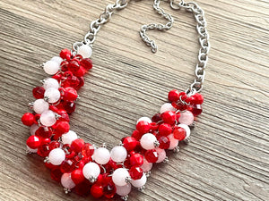 Red & White Cluster Necklace, Gameday Bridesmaid Jewelry dressy beaded statement bib, silver statement football basketball