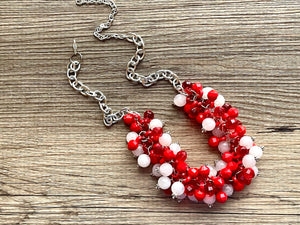 Red & White Cluster Necklace, Gameday Bridesmaid Jewelry dressy beaded statement bib, silver statement football basketball