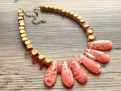 Pink Triple Strand Big Beaded Statement Necklace, pink Jewelry, wood beaded necklace, pink bridesmaid necklace jewelry blush magenta