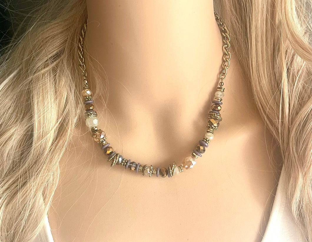 Neutral Statement Necklace Jewelry, Chunky Jewelry Big Beaded Single Strand Necklace, glass gold Necklace Jewelry vintage beaded