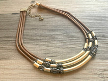 Load image into Gallery viewer, Chocolate 3 strand statement Necklace, Brown Beaded Necklace, summer gold tube jewelry, triple strand faceted bubble necklace neutral