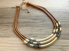 Load image into Gallery viewer, Chocolate 3 strand statement Necklace, Brown Beaded Necklace, summer gold tube jewelry, triple strand faceted bubble necklace neutral