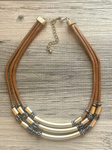 Chocolate 3 strand statement Necklace, Brown Beaded Necklace, summer gold tube jewelry, triple strand faceted bubble necklace neutral