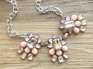 Crystal Statement Necklace, Rhinestone chunky necklace, Flower Pendant Jewelry lavender pink vintage chunky bridesmaid white