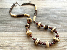 Load image into Gallery viewer, Single Strand Beaded Necklace, vintage brown Jewelry Chunky statement necklace, big beaded necklace tan, wood geometric single strand