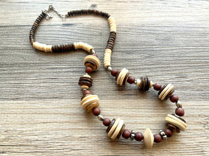 Single Strand Beaded Necklace, vintage brown Jewelry Chunky statement necklace, big beaded necklace tan, wood geometric single strand