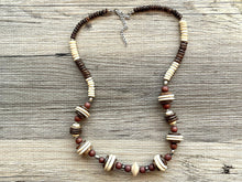 Load image into Gallery viewer, Single Strand Beaded Necklace, vintage brown Jewelry Chunky statement necklace, big beaded necklace tan, wood geometric single strand