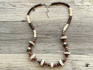 Single Strand Beaded Necklace, vintage brown Jewelry Chunky statement necklace, big beaded necklace tan, wood geometric single strand