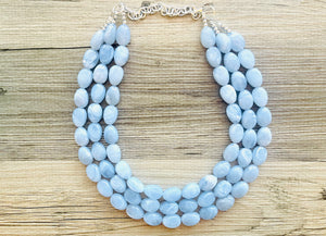 Chambray Double Strand Statement Necklace,  Chunky Periwinkle Oval Beaded Bib Jewelry earrings, sky blue jewelry set, baby blue jewelry