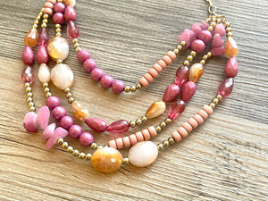 Pink 4 Strand Big Beaded Statement Necklace, pink Jewelry, crystal beaded necklace, pink bridesmaid necklace jewelry blush magenta gold