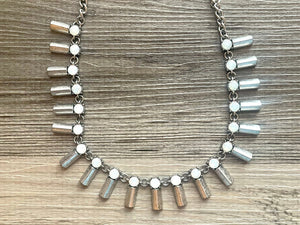 Geometric Statement Necklace, Chunky Spike Jewelry with Rhinestone Charms, silver statement necklace, chunky bib necklace white cream