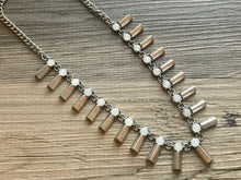 Load image into Gallery viewer, Geometric Statement Necklace, Chunky Spike Jewelry with Rhinestone Charms, silver statement necklace, chunky bib necklace white cream