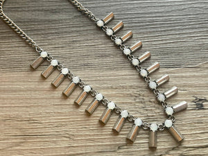 Geometric Statement Necklace, Chunky Spike Jewelry with Rhinestone Charms, silver statement necklace, chunky bib necklace white cream