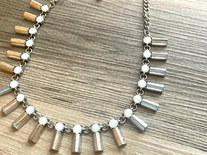 Geometric Statement Necklace, Chunky Spike Jewelry with Rhinestone Charms, silver statement necklace, chunky bib necklace white cream