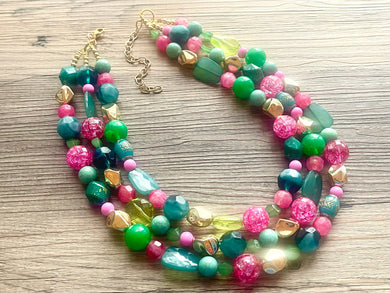 Pink & Green Statement Necklace, chunky multi-strand jewelry, peach pink colorful necklace, gold nugget jewelry, emerald green jewelry