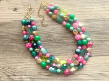 Load image into Gallery viewer, Pink &amp; Green Statement Necklace, chunky multi-strand jewelry, peach pink colorful necklace, gold nugget jewelry, emerald green jewelry