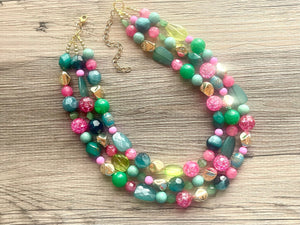 Pink & Green Statement Necklace, chunky multi-strand jewelry, peach pink colorful necklace, gold nugget jewelry, emerald green jewelry