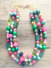 Load image into Gallery viewer, Pink &amp; Green Statement Necklace, chunky multi-strand jewelry, peach pink colorful necklace, gold nugget jewelry, emerald green jewelry