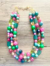 Load image into Gallery viewer, Pink &amp; Green Statement Necklace, chunky multi-strand jewelry, peach pink colorful necklace, gold nugget jewelry, emerald green jewelry