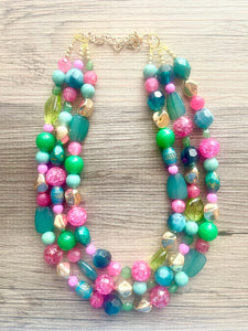 Pink & Green Statement Necklace, chunky multi-strand jewelry, peach pink colorful necklace, gold nugget jewelry, emerald green jewelry