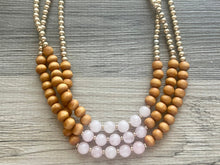 Load image into Gallery viewer, Rose Quartz statement necklace, chunky bib beaded jewelry light pink necklace, multi strand wood &amp; gold, Traveler Collection