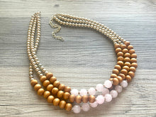 Load image into Gallery viewer, Rose Quartz statement necklace, chunky bib beaded jewelry light pink necklace, multi strand wood &amp; gold, Traveler Collection